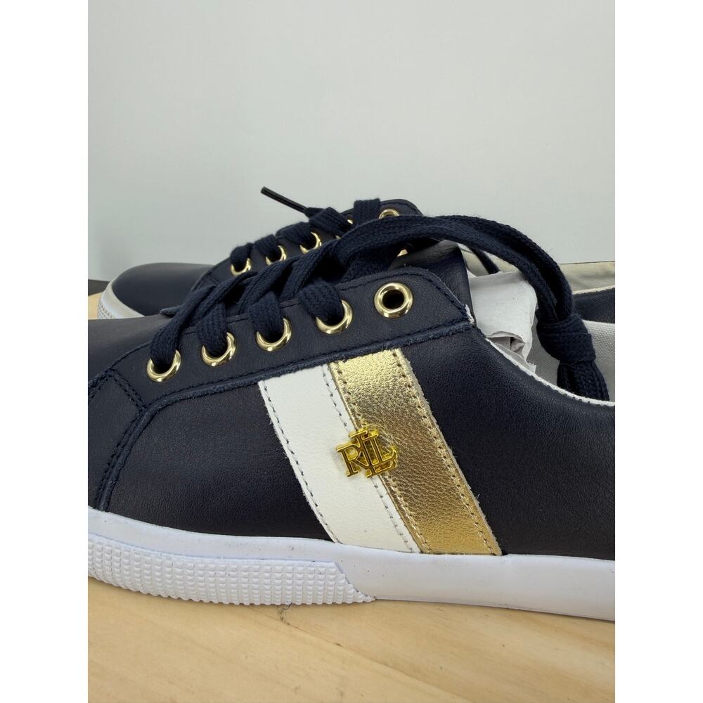 Ralph Lauren Womens Jason II Leather Sneakers Size 6 Navy Gold Logo Retro Preppy - Picture 3 of 9